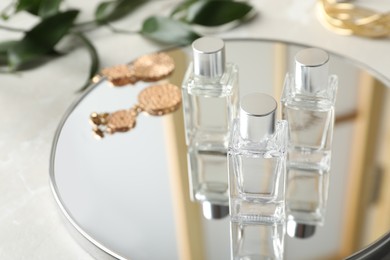 Photo of Bottles of essential oil and mirror on light grey table, closeup. Space for text