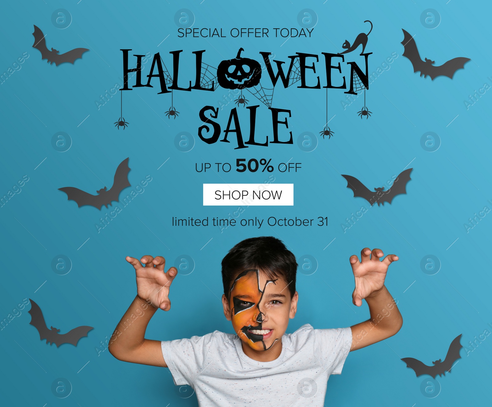 Image of Halloween sale ad design. Little boy with half face painted as spooky pumpkin on blue background