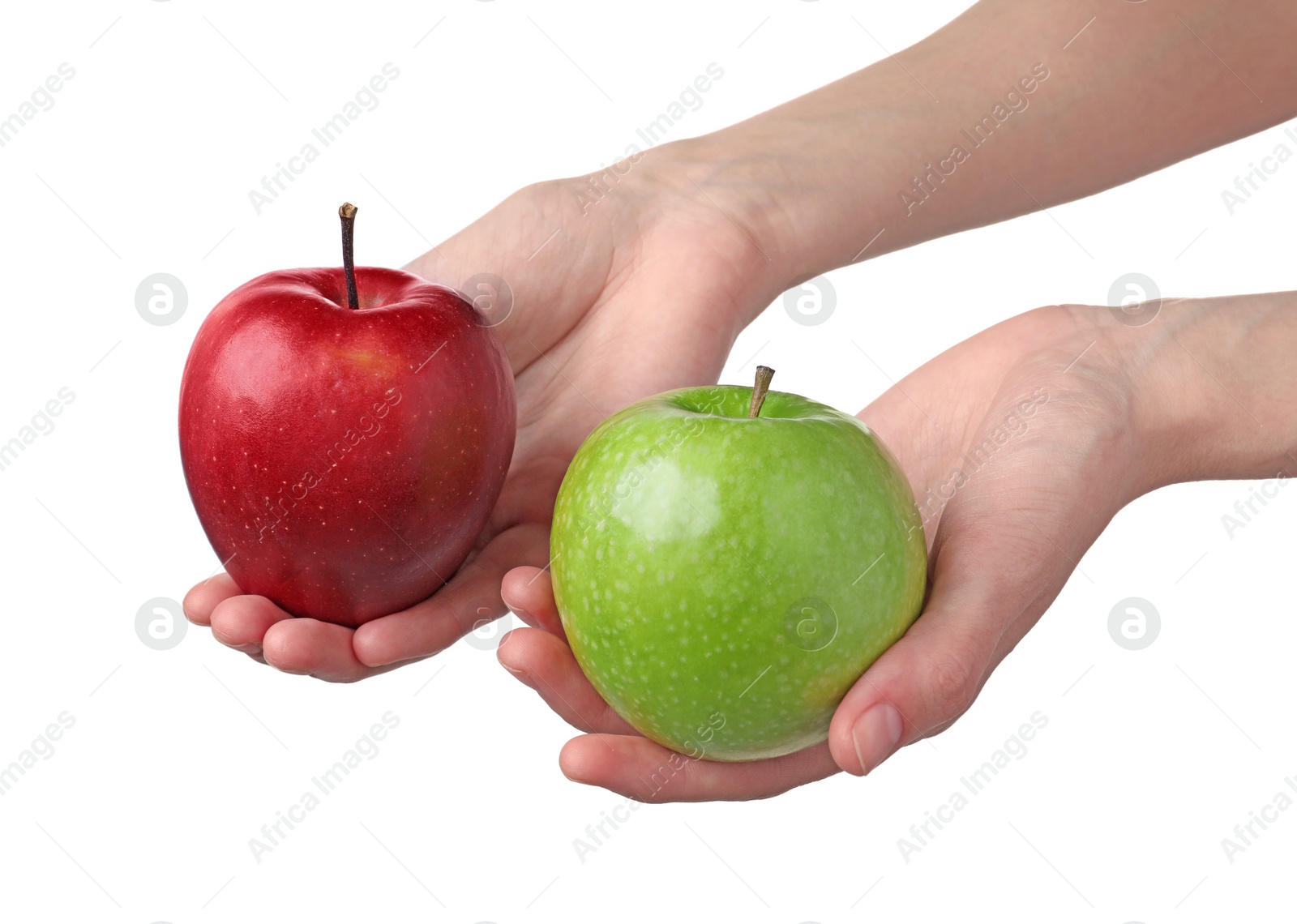 Photo of Woman holding fresh ripe red and green apples on white background, closeup