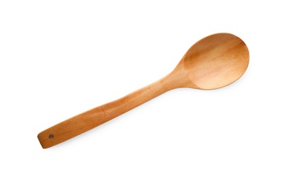 Photo of One empty wooden spoon isolated on white, top view