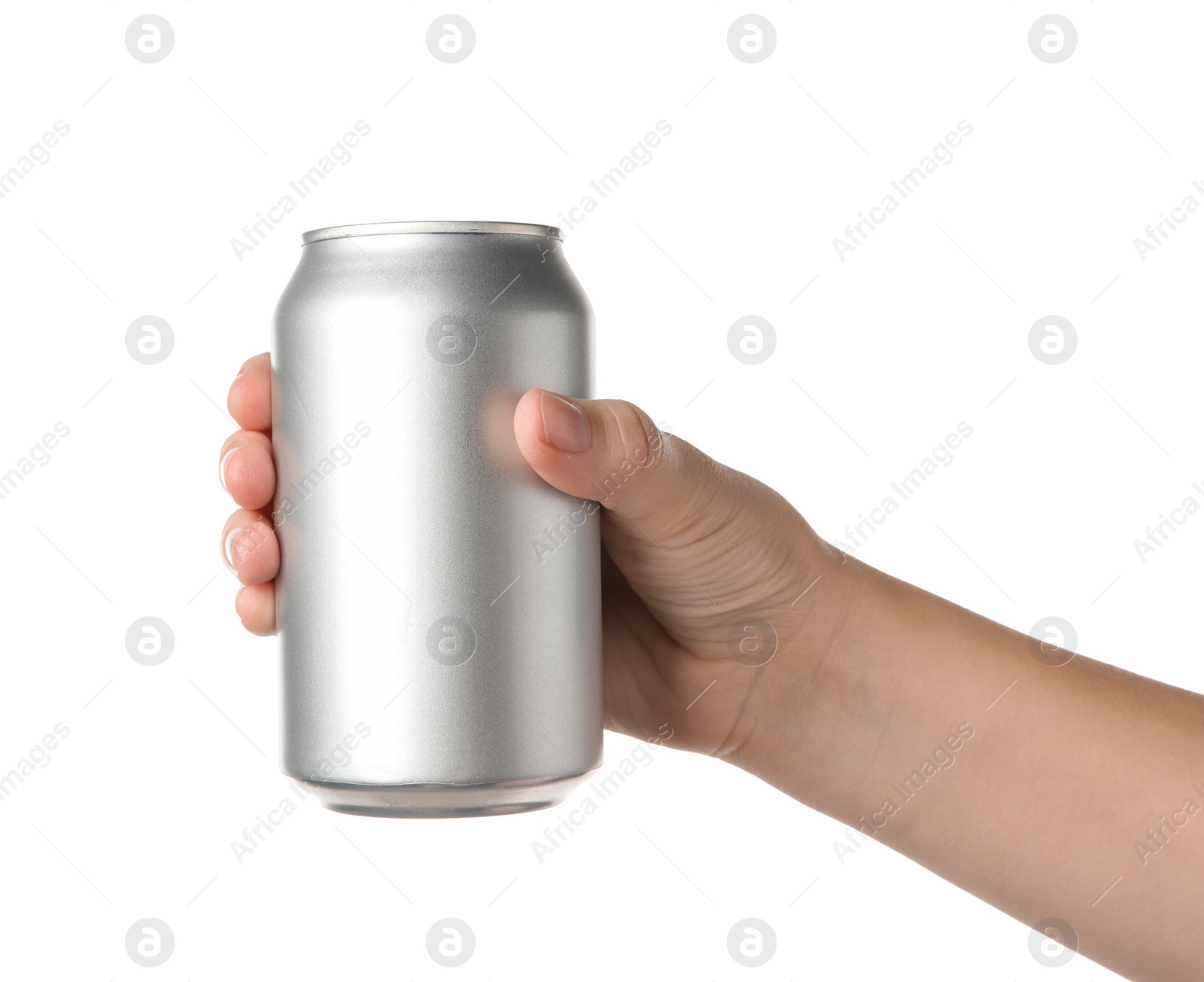 Photo of Woman holding aluminum can on white background, closeup