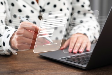 Image of Woman signing electronic document at table, closeup. Virtual screen over laptop