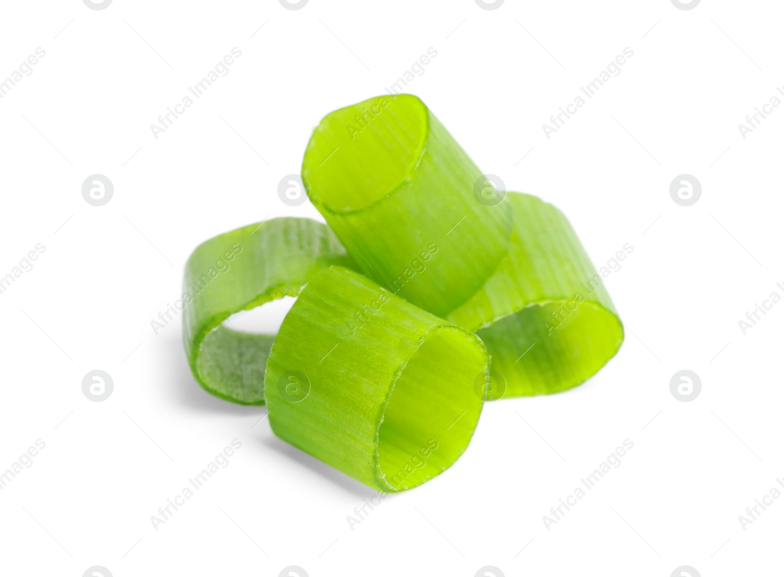 Photo of Pieces of fresh green onion on white background