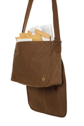 Photo of Brown postman bag with mails and newspapers on white background