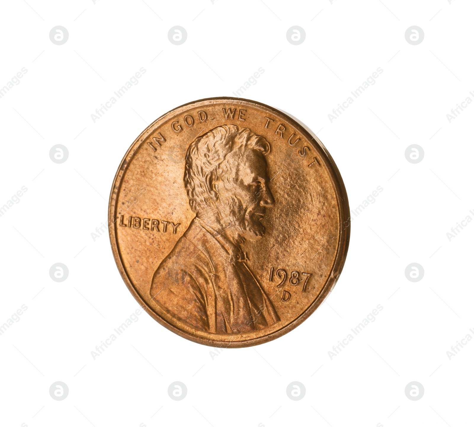 Photo of Shiny USA one cent coin on white background