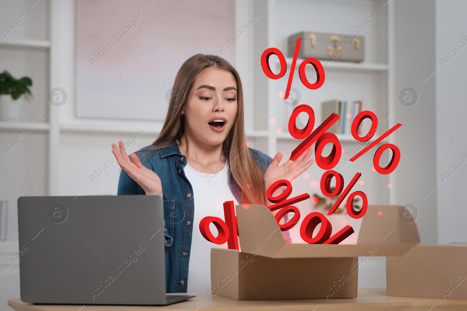 Image of Discount offer. Woman shocked by percents signs flying out of open box at home