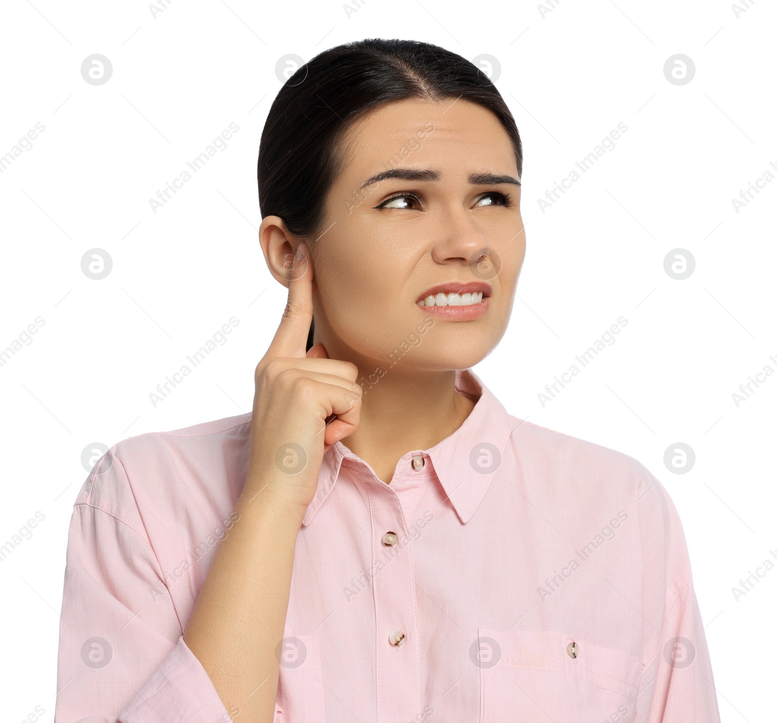 Photo of Young woman suffering from ear pain on white background