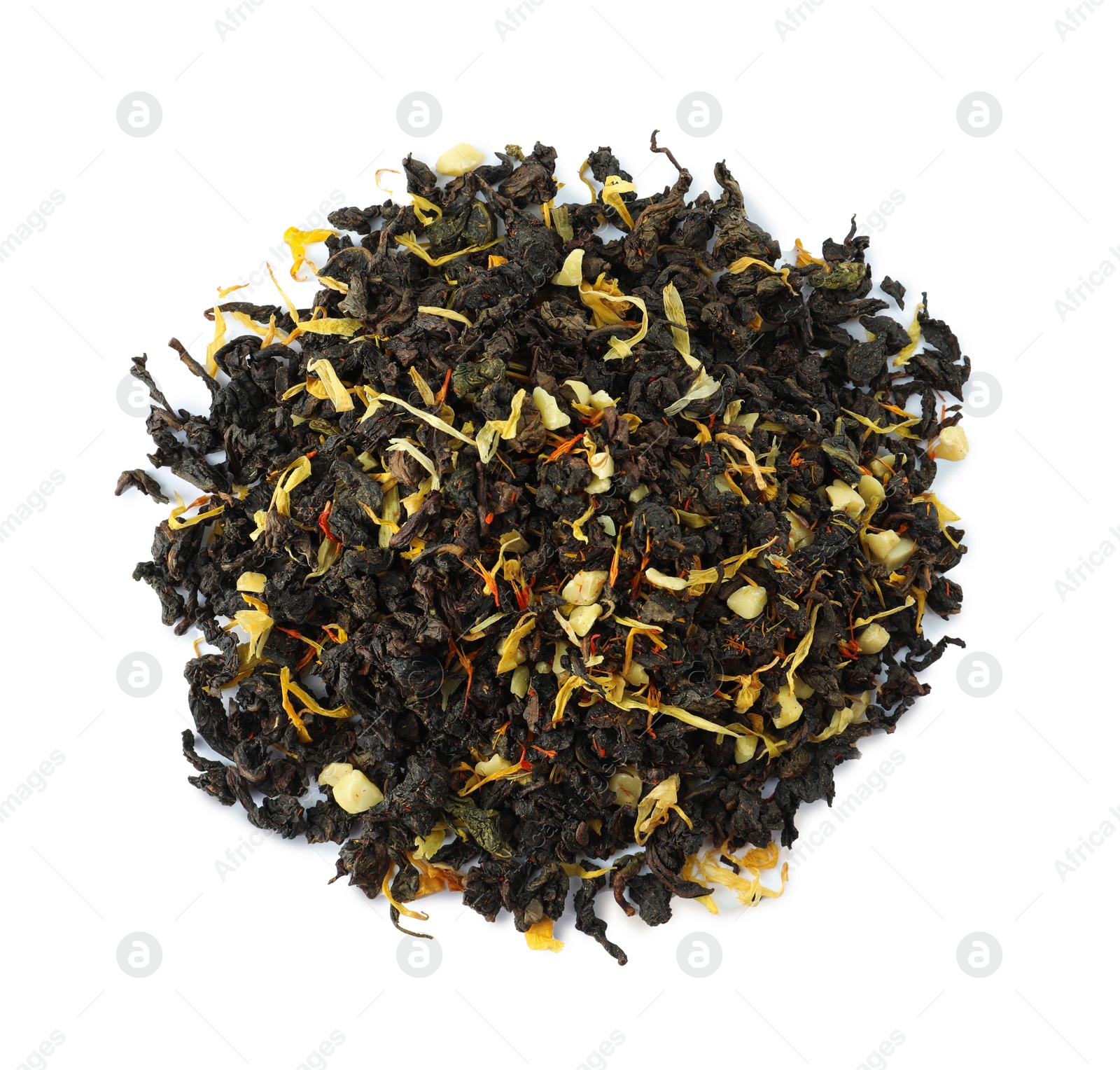 Photo of Pile of aromatic herbal tea isolated on white, top view