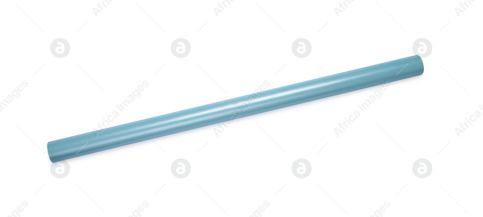 Photo of Roll of light blue wrapping paper isolated on white, top view