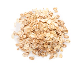 Photo of Raw oatmeal on white background. Healthy grains and cereals