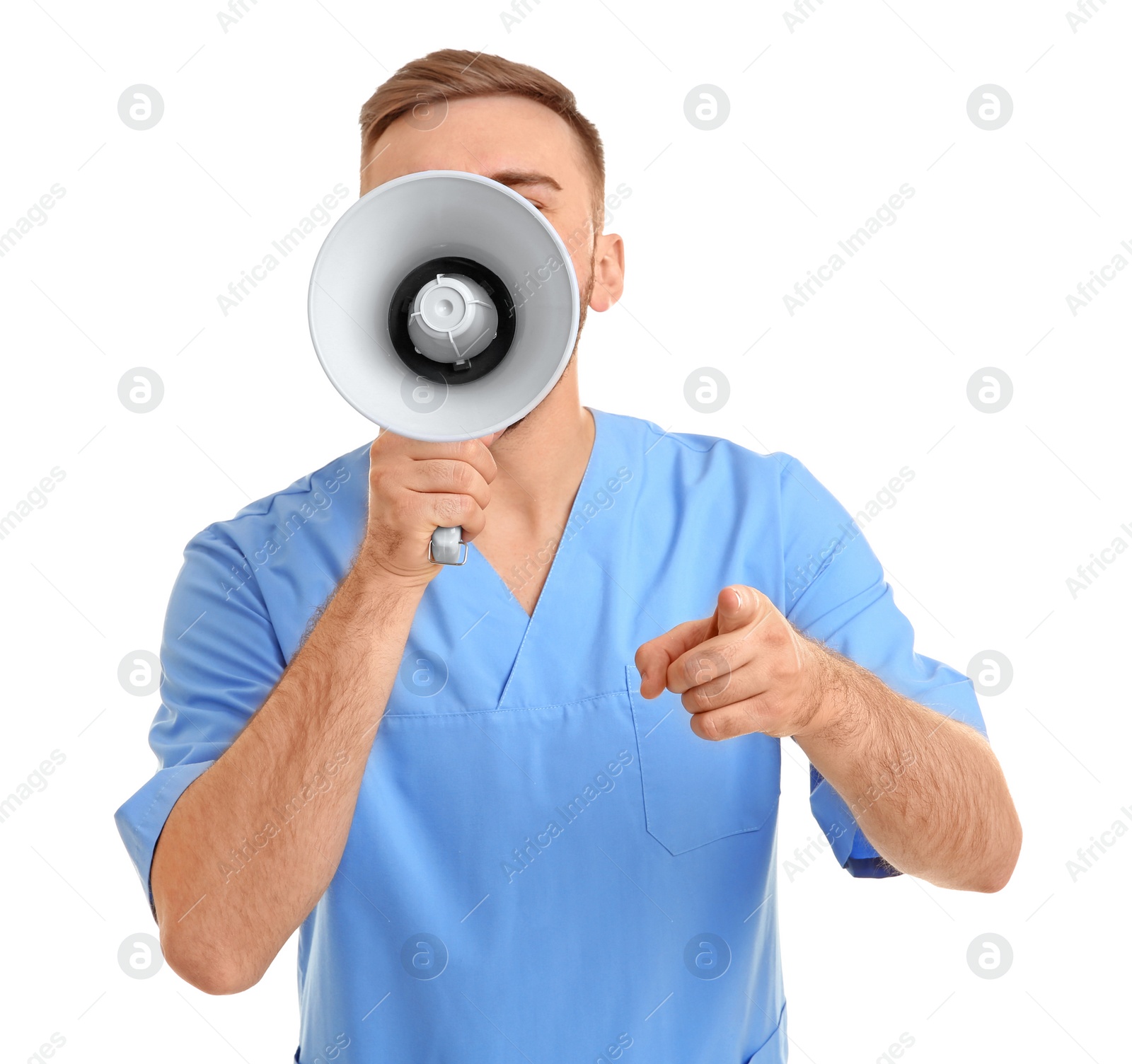 Photo of Male doctor with megaphone on white background