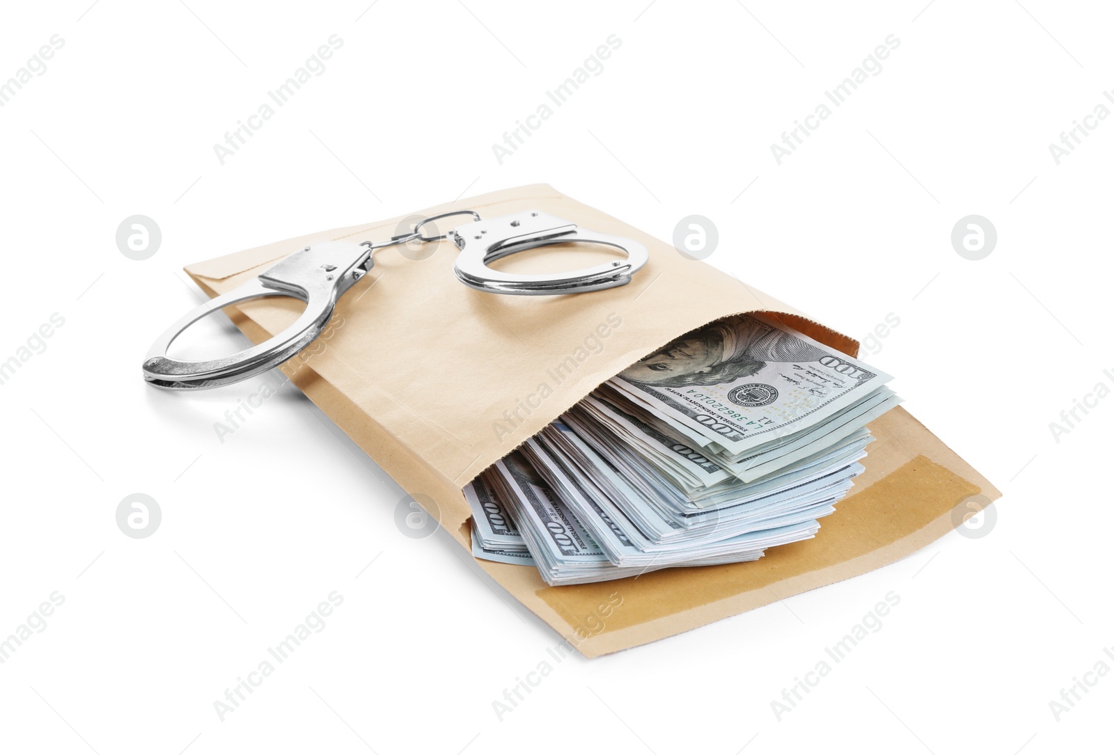 Photo of Envelope with dollar bills and handcuffs Isolated on white. Bribe concept