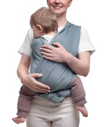 Mother holding her child in baby wrap on white background, closeup