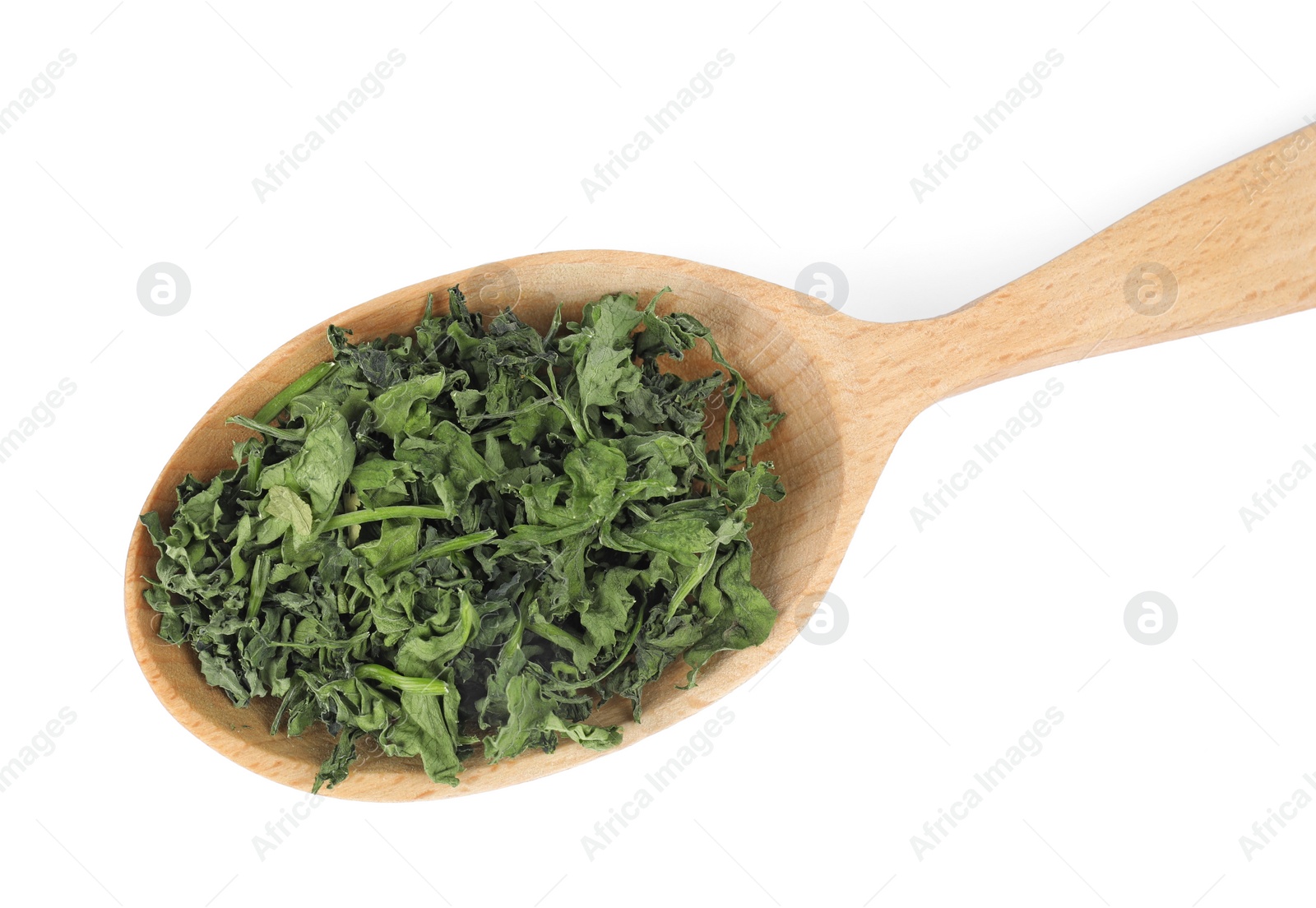 Photo of Wooden spoon with dried parsley on white background, top view
