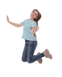 Photo of Teenage girl in casual clothes jumping on white background