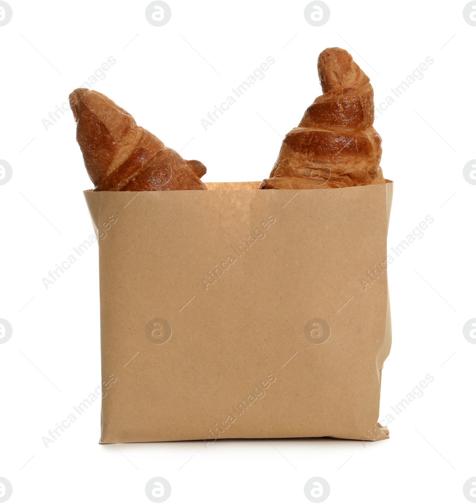 Photo of Paper bag with croissants on white background. Space for design