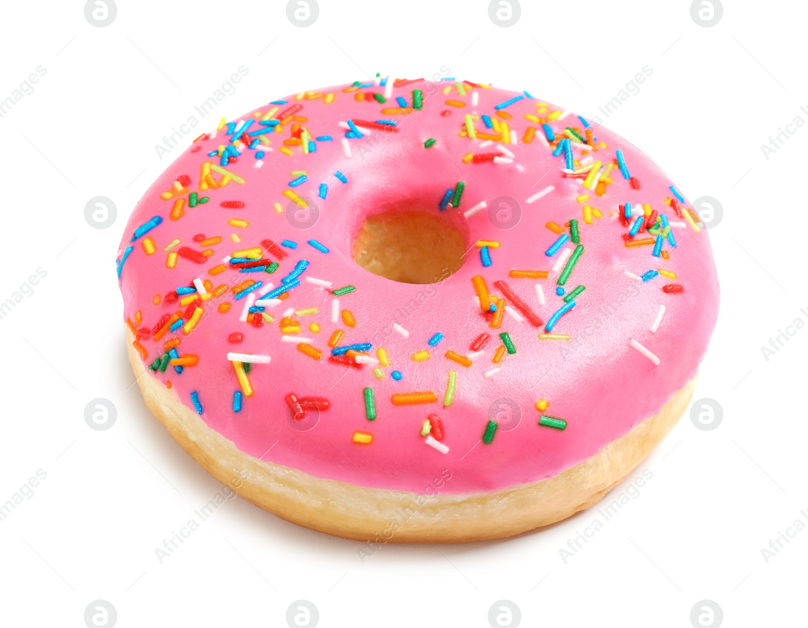 Photo of Sweet delicious glazed donut decorated with sprinkles on white background