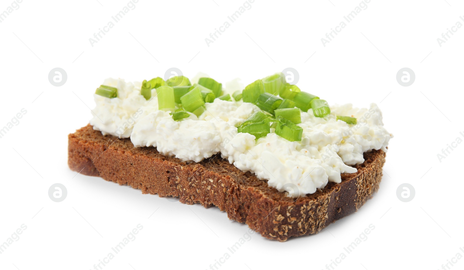 Photo of Bread with cottage cheese and green onion isolated on white