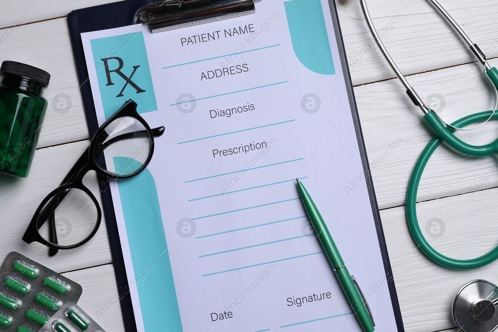 Photo of Flat lay composition with medical prescription form on white wooden table