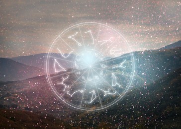 Zodiac wheel with 12 astrological signs and star constellations and mountain landscape on background