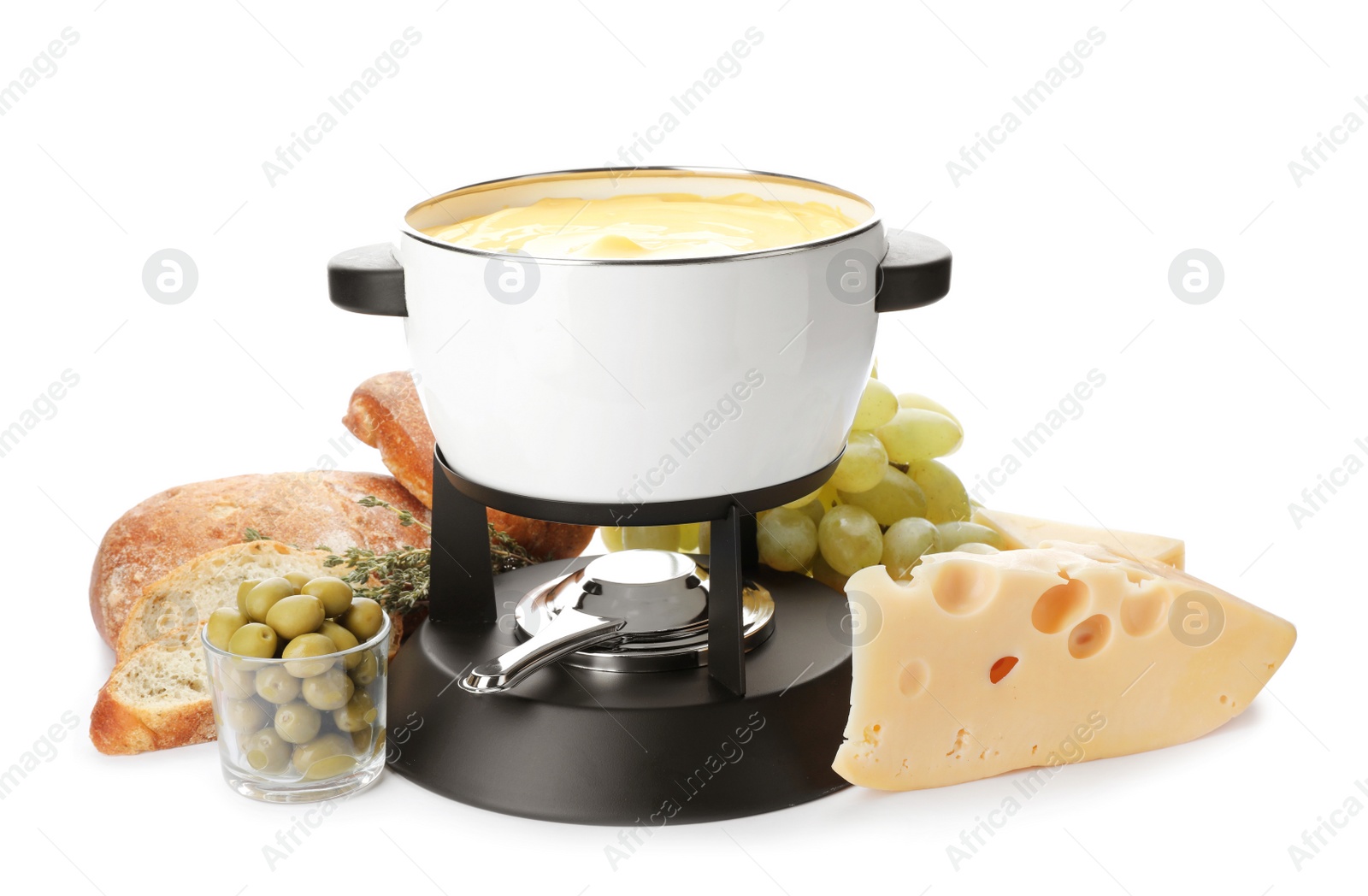 Photo of Composition with pot of delicious cheese fondue on white background