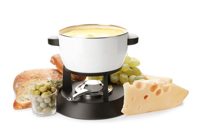 Photo of Composition with pot of delicious cheese fondue on white background