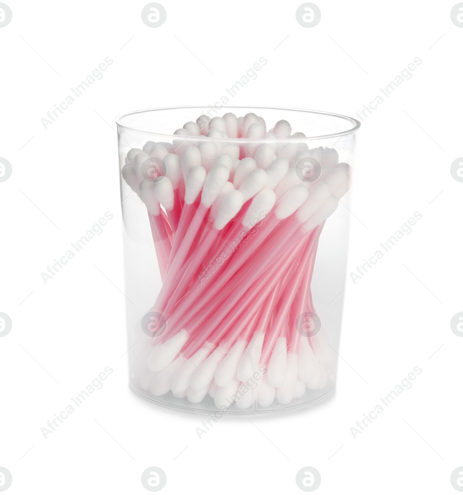 Photo of Plastic container with cotton swabs on white background