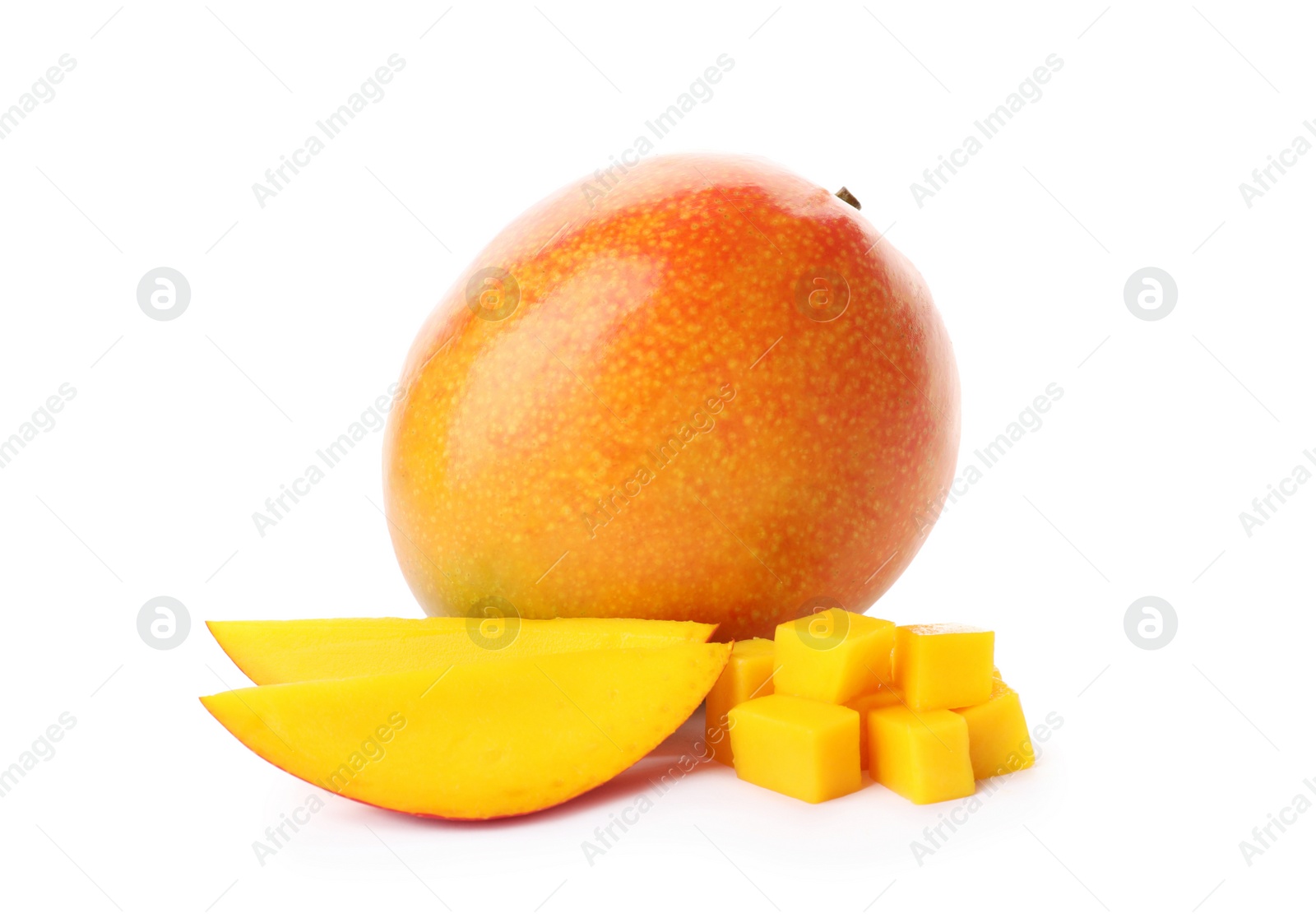 Photo of Whole and cut ripe mangoes isolated on white. Exotic fruit