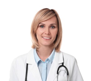 Photo of Smiling doctor in uniform on white background