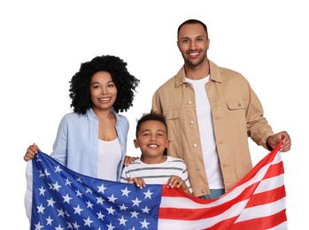 4th of July - Independence day of America. Happy family with national flag of United States on white background