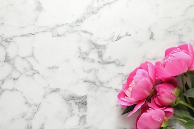 Photo of Fragrant peonies on marble background, flat lay with space for text. Beautiful spring flowers