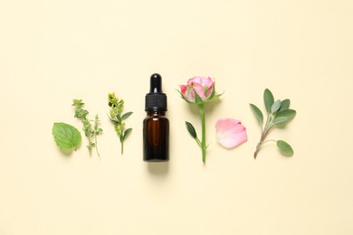 Photo of Bottle of essential oil, different herbs and rose flower on beige background, flat lay