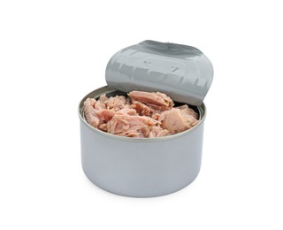 Photo of Tin can with canned tuna isolated on white