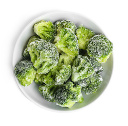 Photo of Frozen broccoli in bowl isolated on white, top view. Vegetable preservation