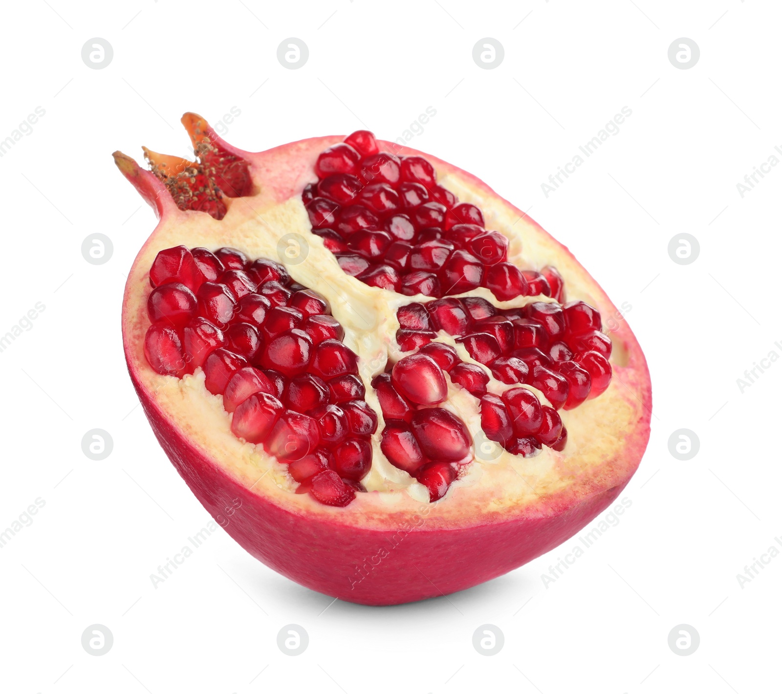 Photo of Half of ripe juicy pomegranate isolated on white