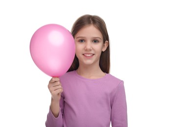 Happy girl with pink balloon on white background