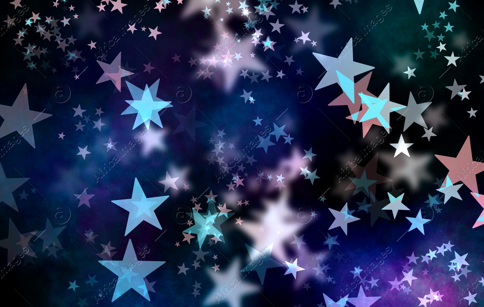 Image of Festive background with many beautiful shimmering stars and blurred lights. Bokeh effect