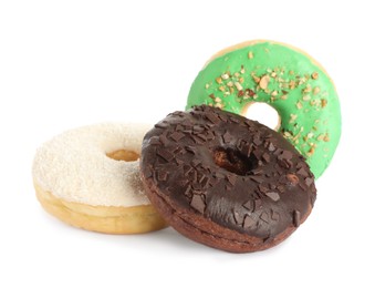 Photo of Sweet tasty glazed donuts on white background