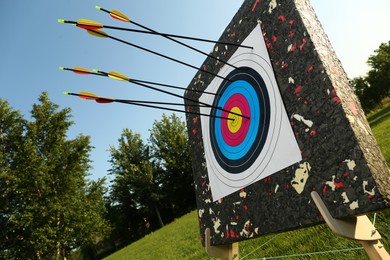 Arrows in archery target on green grass outdoors