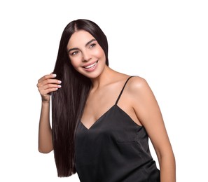 Photo of Portrait of beautiful young woman with healthy strong hair on white background