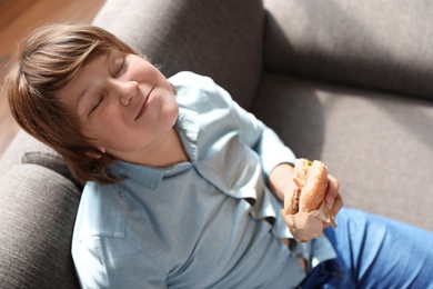 Photo of Emotional overweight boy eating burger on sofa at home, above view