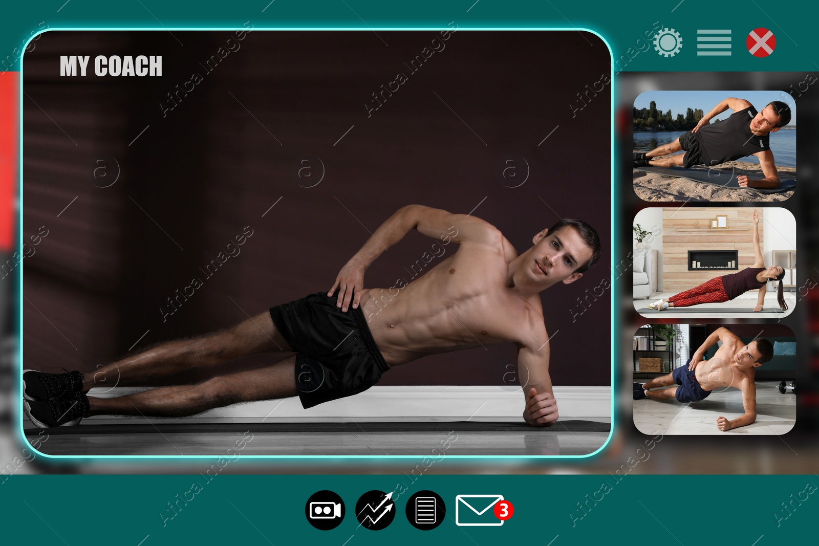 Image of Personal trainer online. Website or application interface with different coaches