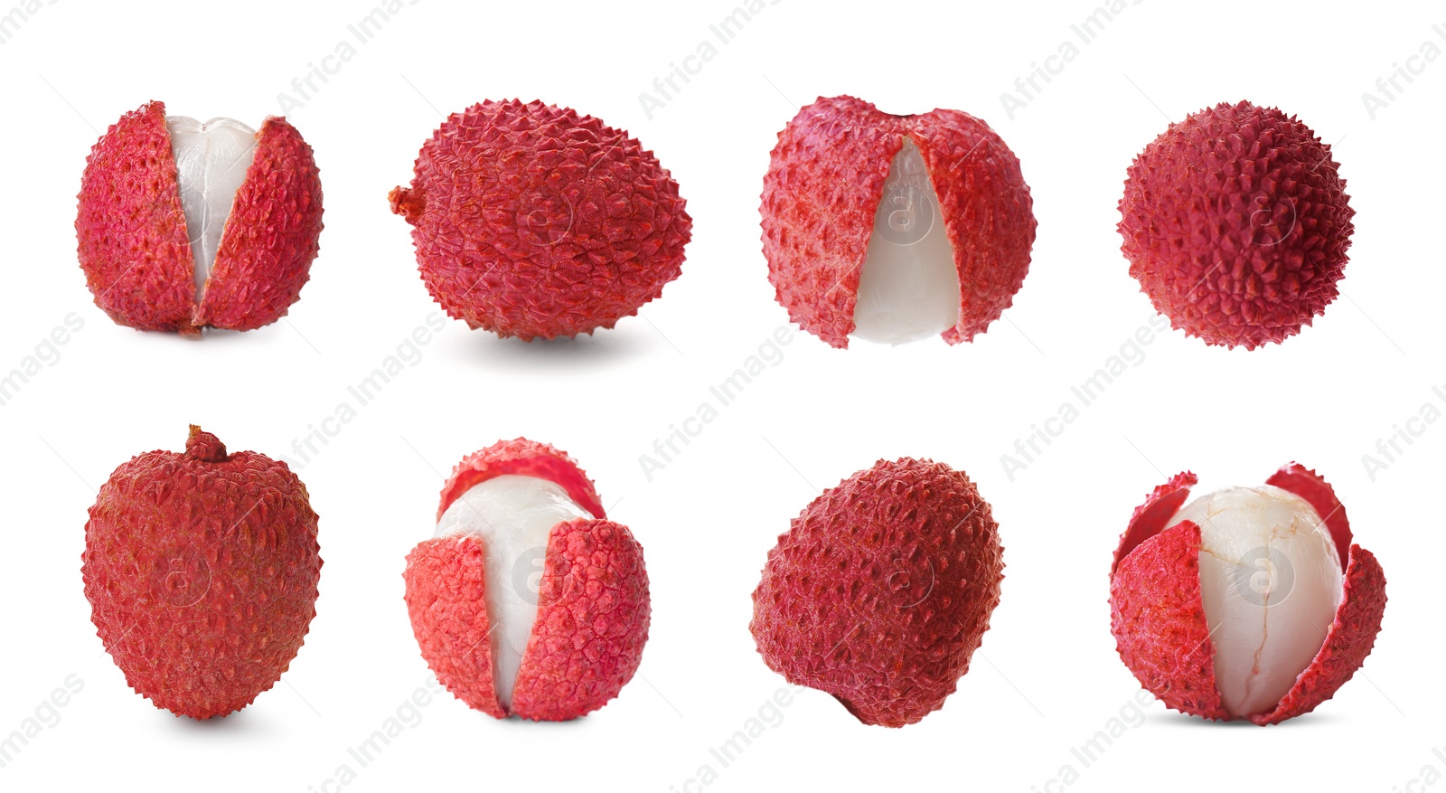 Image of Fresh lychees isolated on white, collection. Tropical fruit