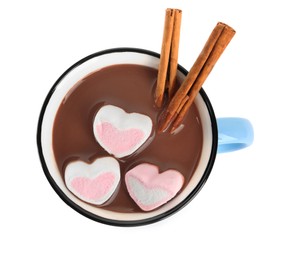 Photo of Cup of delicious hot chocolate with marshmallows and cinnamon sticks isolated on white, top view