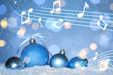 Image of Music notes and Christmas balls on blurred background, bokeh effect