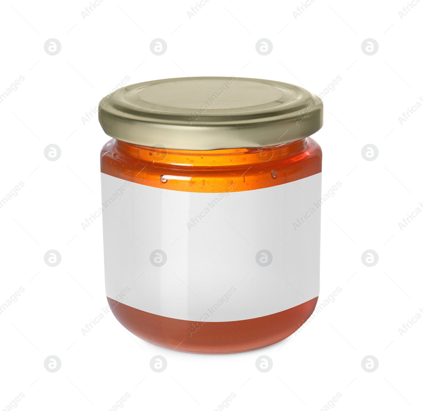 Image of Jar of honey with blank label on white background. Mockup for design