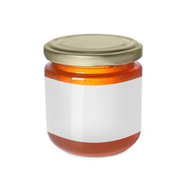 Image of Jar of honey with blank label on white background. Mockup for design