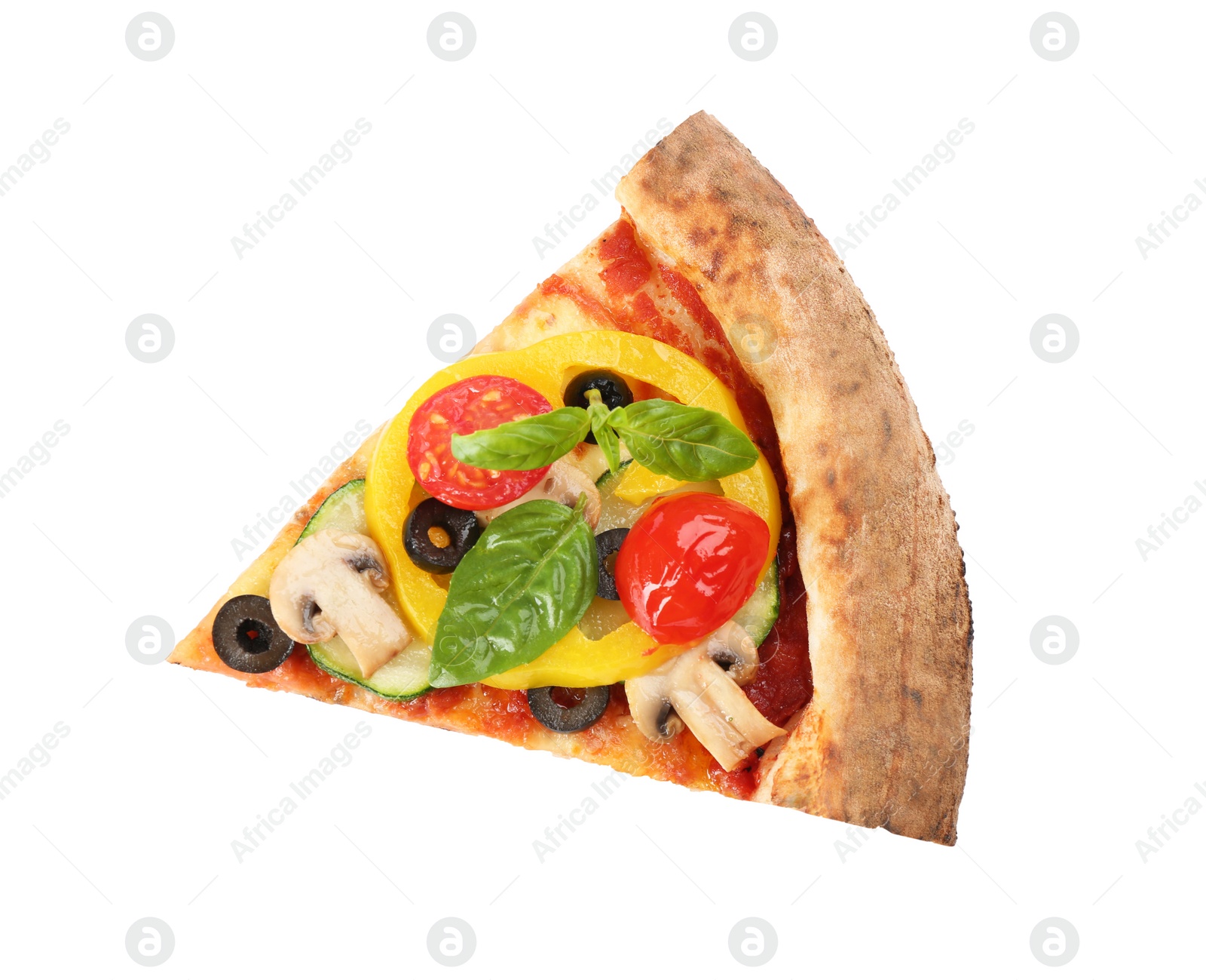 Photo of Slice of delicious pizza isolated on white, top view