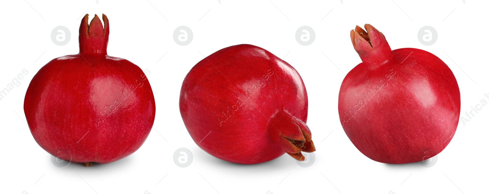 Image of Set with tasty ripe pomegranates on white background. Banner design