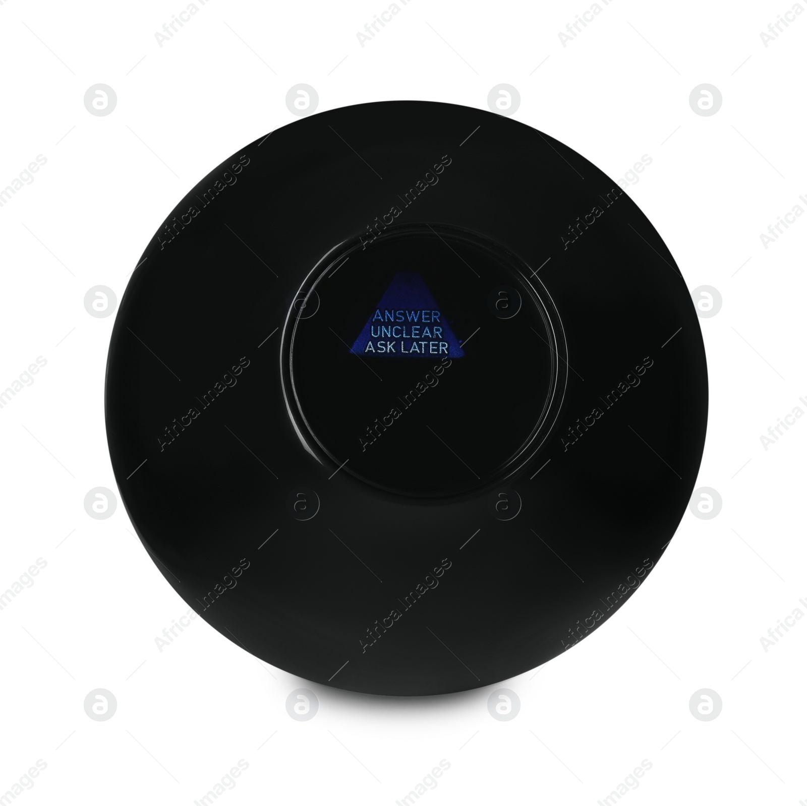 Photo of Magic eight ball with prediction Answer Unclear Ask Later isolated on white